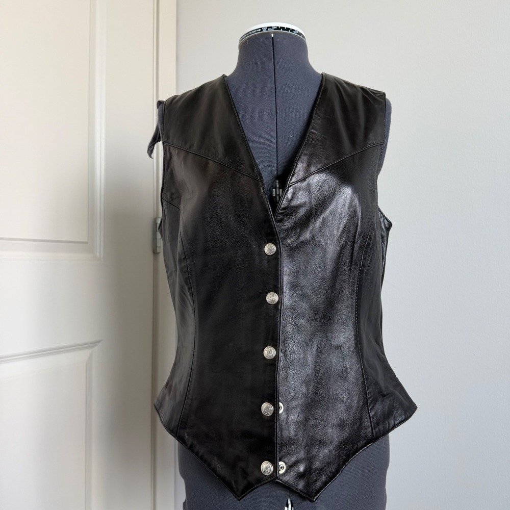 Vintage Black Genuine Leather Snap Front Vest